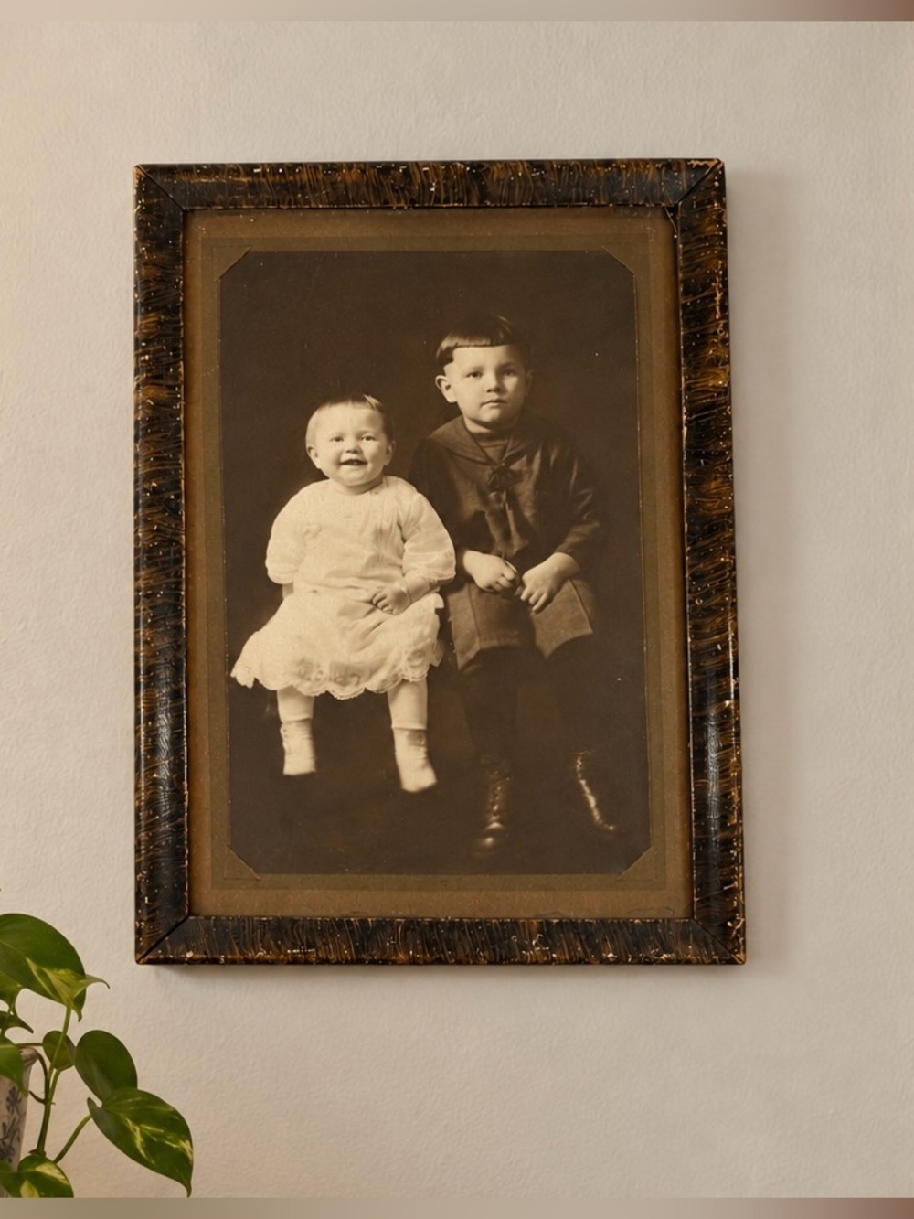 Antique 1910s Tiger Stripe Grained Wood Frame Sailor Suit Sibling Portrait
